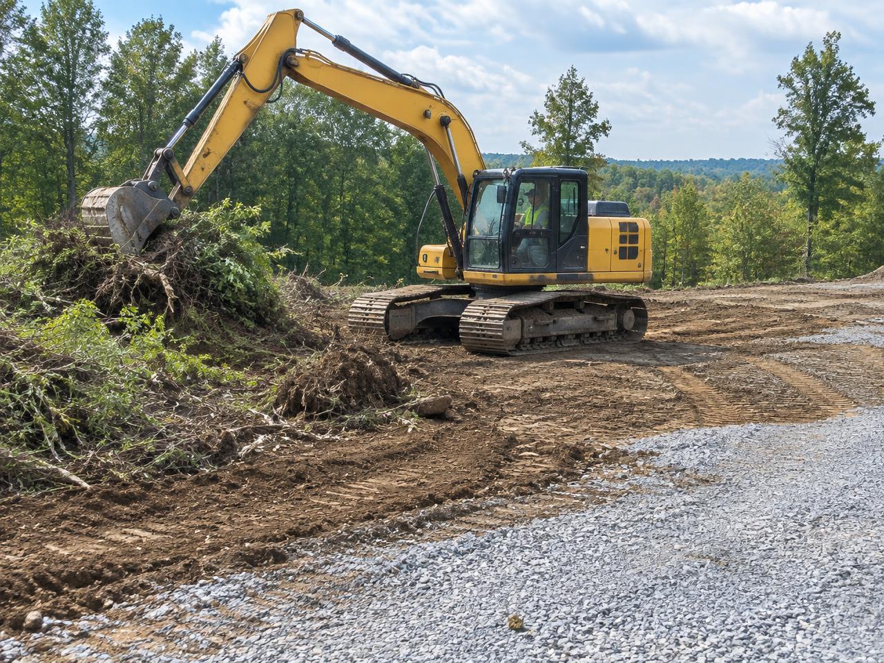 Excavator clearing a wooded property and preparing the ground