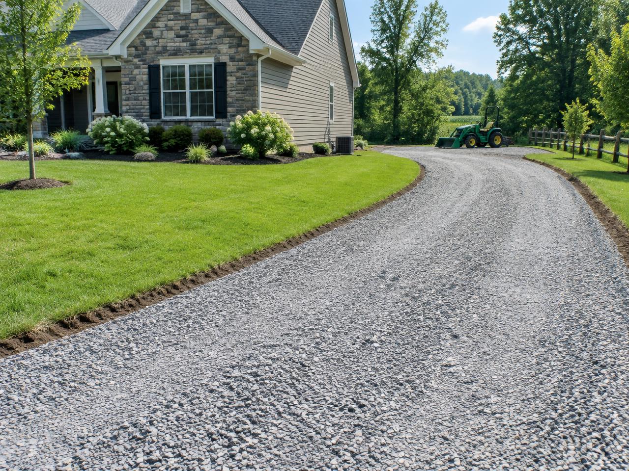 Fresh gravel driveway and maintained green landscape