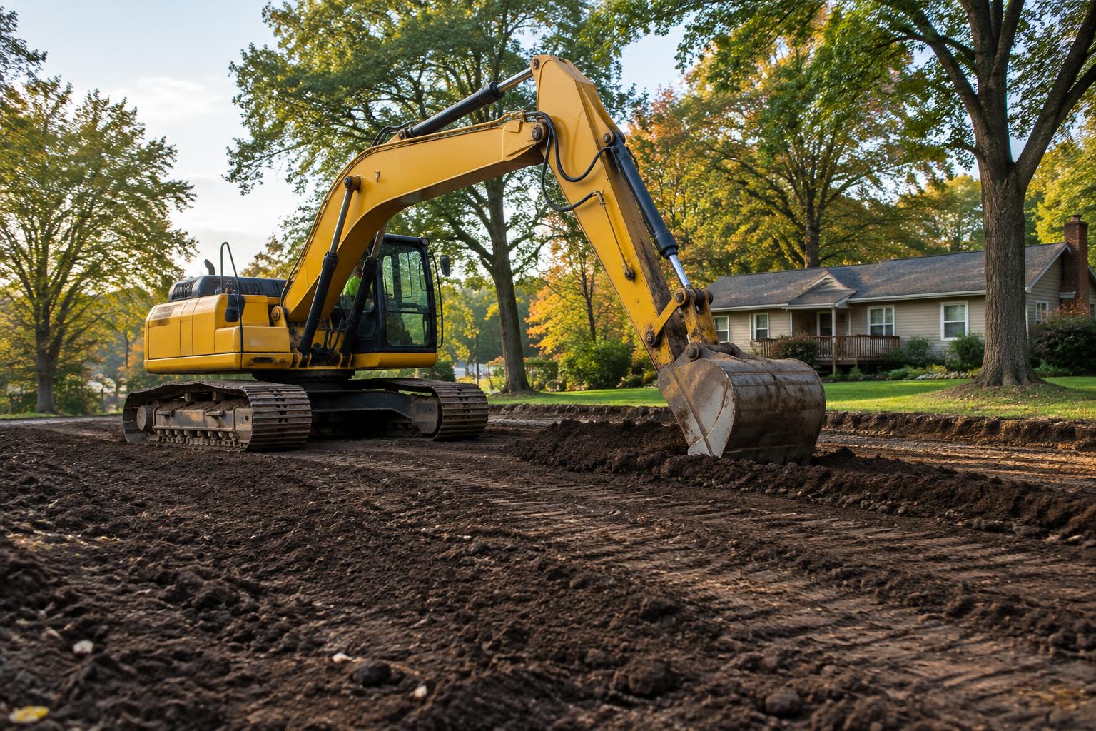 Excavator grading a residential property